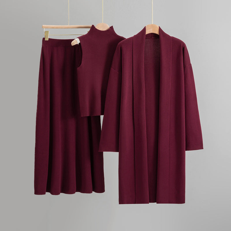 Amber knit 3-piece set cardigan sleeveless top flared midi skirt quiet luxury coordinated elegant style