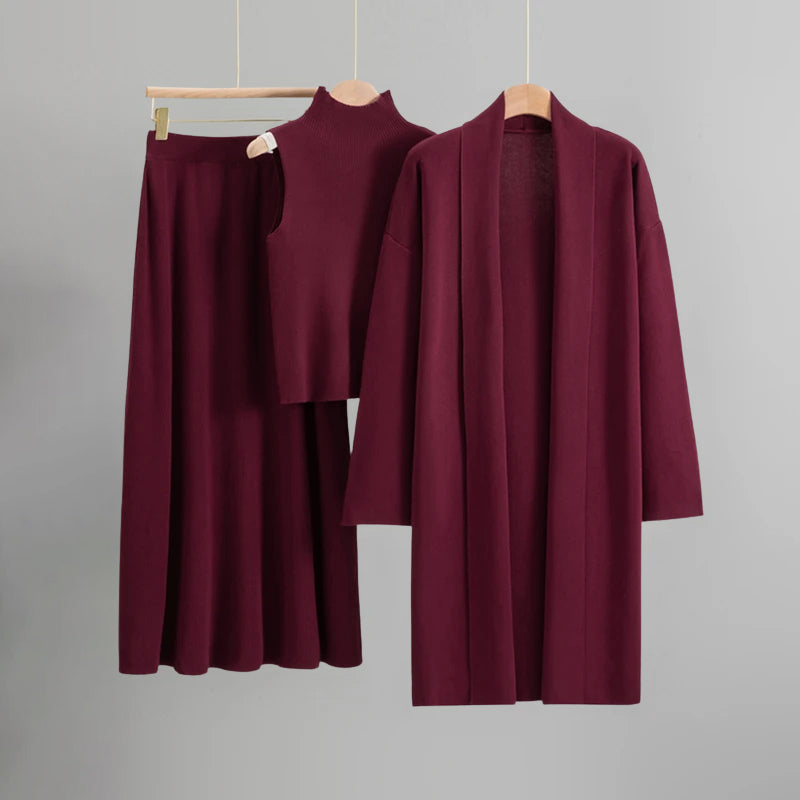 Amber knit three-piece set sleeveless top A-line skirt open-front cardigan cozy office-to-evening ensemble