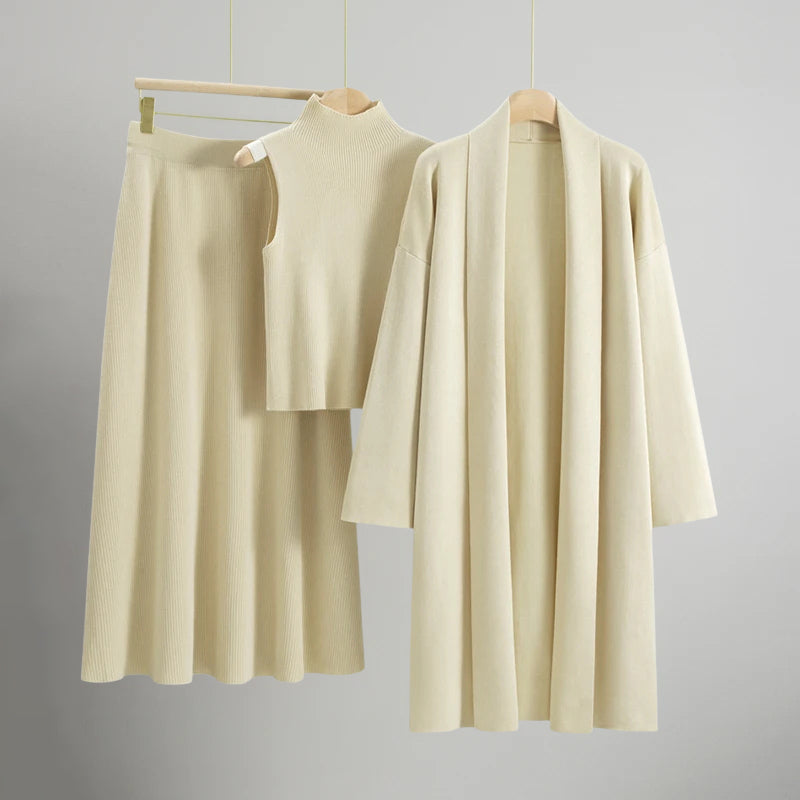 Amber knit three-piece set sleeveless top A-line skirt open-front cardigan cozy office-to-evening ensemble