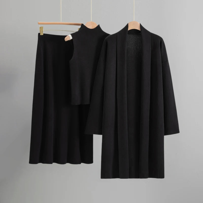 Amber knit three-piece set sleeveless top A-line skirt open-front cardigan cozy office-to-evening ensemble