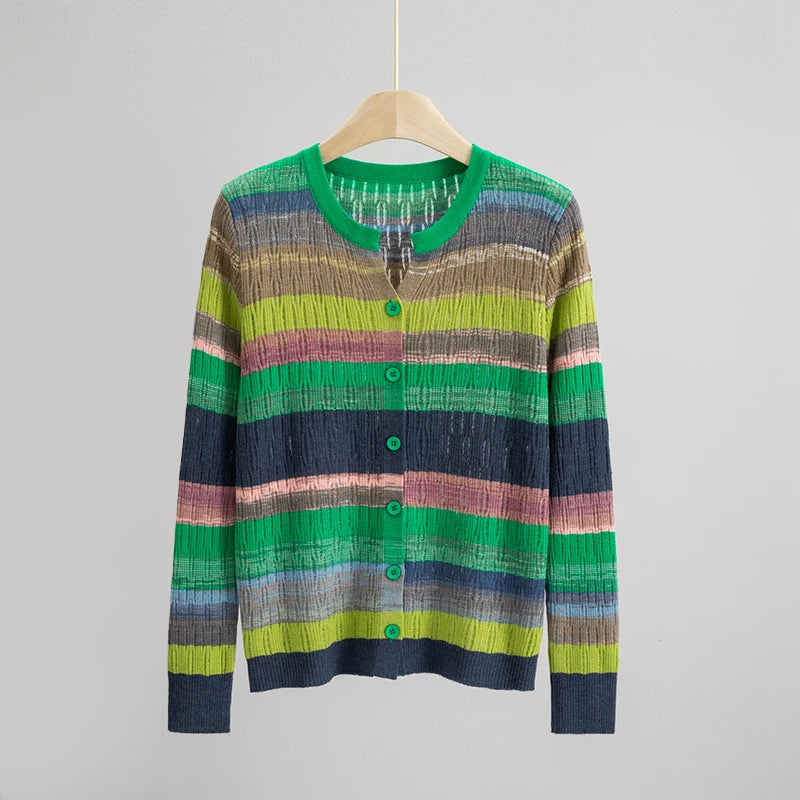 Women's multicolor striped knit cardigan with vibrant painterly pattern and lightweight textured fabric