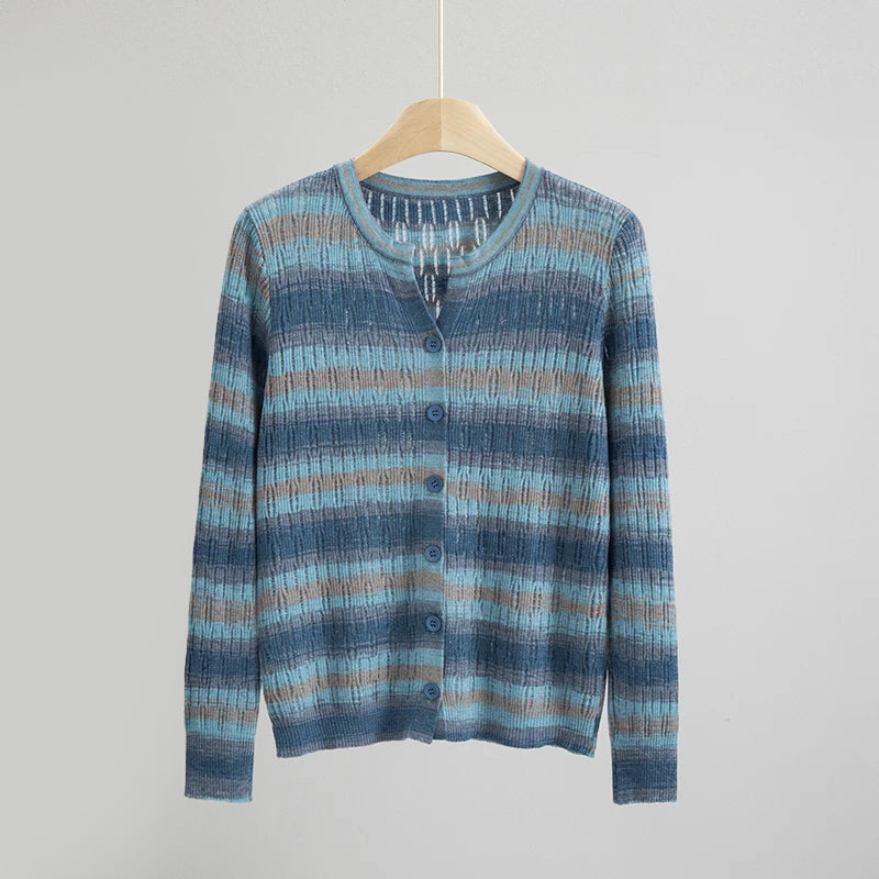 Women's multicolor stripe knit cardigan lightweight textured open-front with vibrant painterly pattern