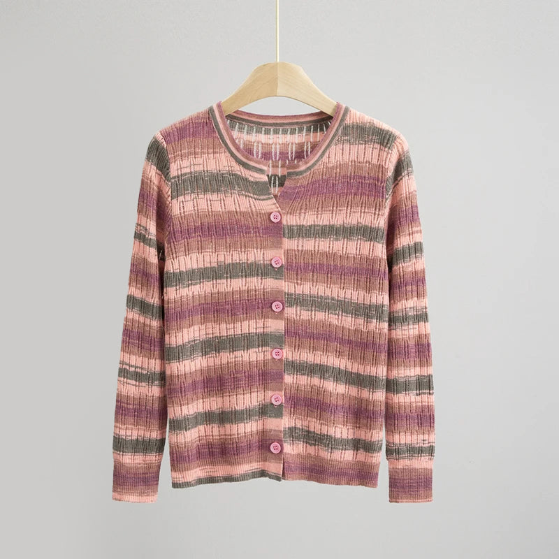 Women's multicolor striped knit cardigan lightweight textured open-front with vibrant painterly pattern