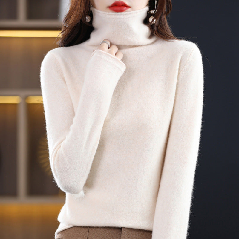 Women's cream loose-fit wool-blend knit sweater with stacked collar, Sofia Amoretti Arctic Grace