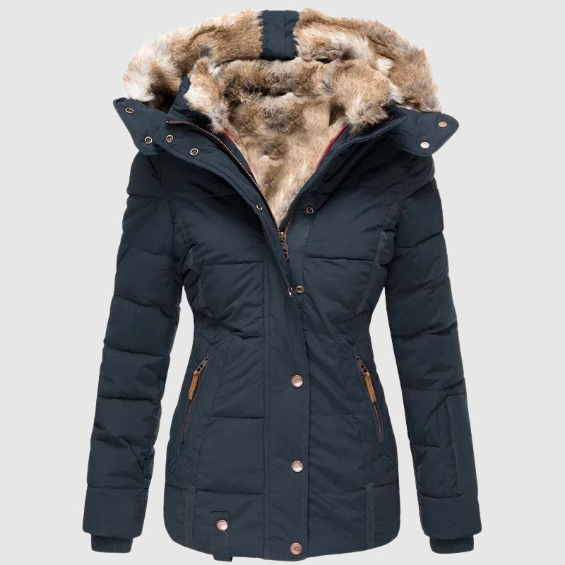 Sofia Amoretti Arctic hooded puffer jacket neutral tone slim silhouette plush polyester fill practical pockets