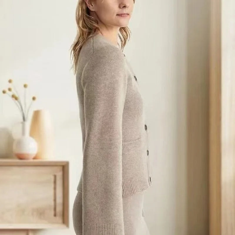 Women's ivory knit cardigan with oversized button closure, relaxed casual-luxe rayon layering essential