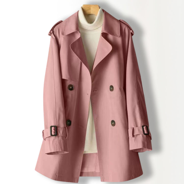 Sofia Amoretti lightweight beige trench coat polyester blend flattering lapel fall layering outerwear