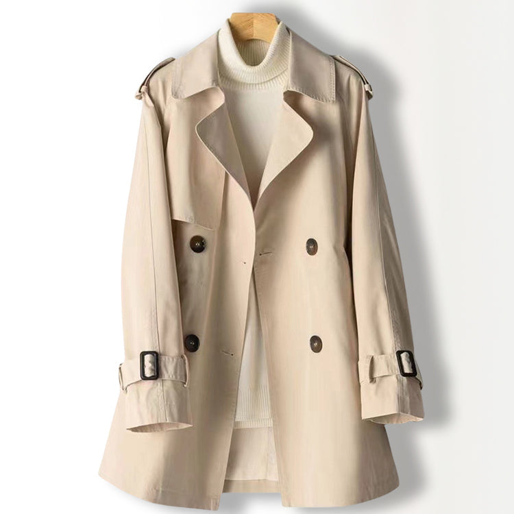 Sofia Amoretti lightweight beige trench coat polyester blend flattering lapel fall layering