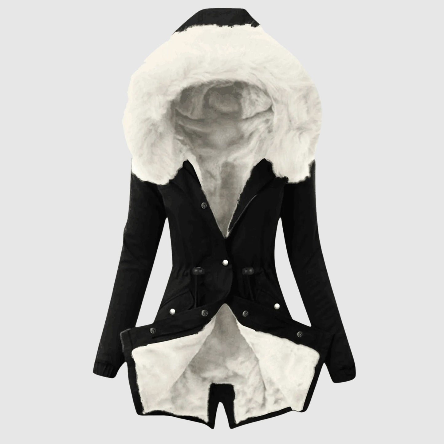 Women's cozy chic parka in neutral tone, relaxed fit with hooded warmth and sleek zipper closure