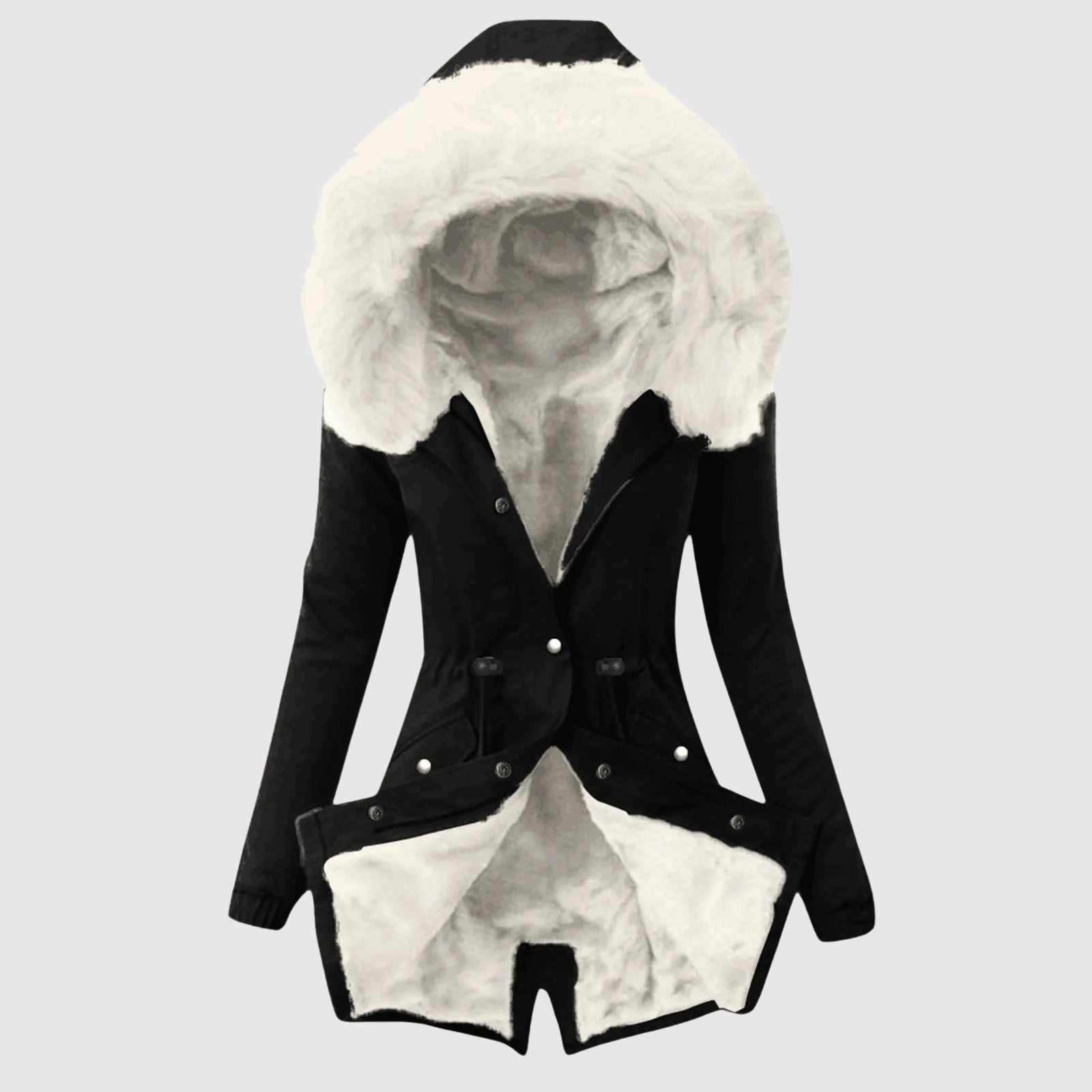 Women's cozy chic parka in neutral tone, relaxed fit with hooded warmth and sleek zipper closure
