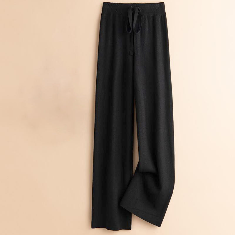 Women's ember-tone wool knit high waist floor-grazing flow pants with soft draped silhouette