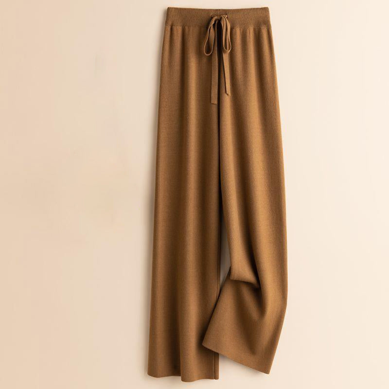 Women's Sofia Amoretti wool knit high-waist floor-length flow pants with graceful draped silhouette