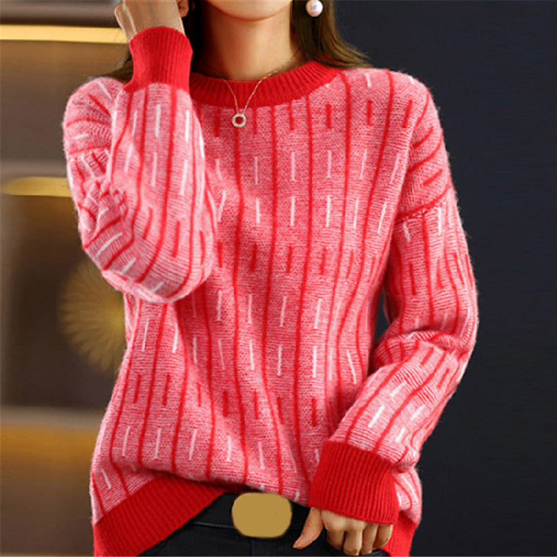 Women's retro wool blend sweater in subtle geometric knit pattern, relaxed oversized silhouette