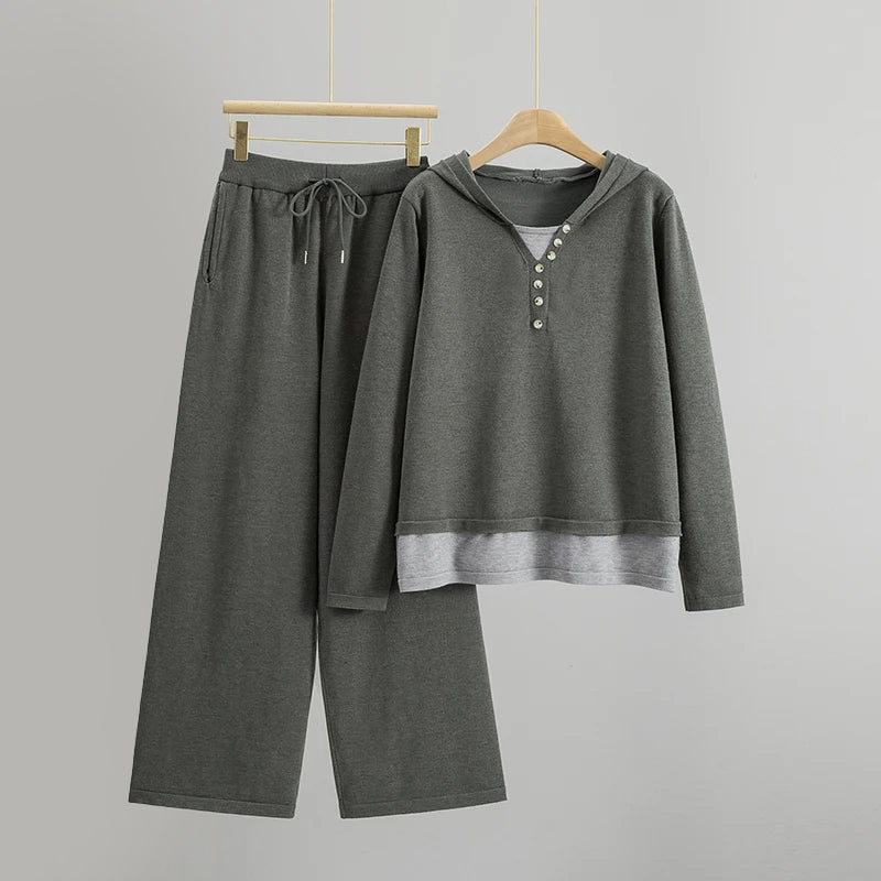 Women's soft knit tracksuit set taupe relaxed hoodie and wide-leg trousers loungewear