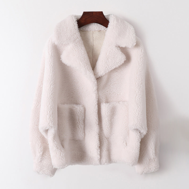 Sofia Amoretti ivory shearling coat wool-blend refined lapel collar glamorous women winter outerwear