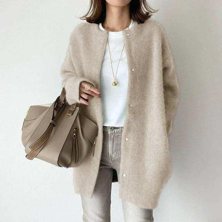 Women's wool blend oversized cardigan mid-length button front cozy layering staple