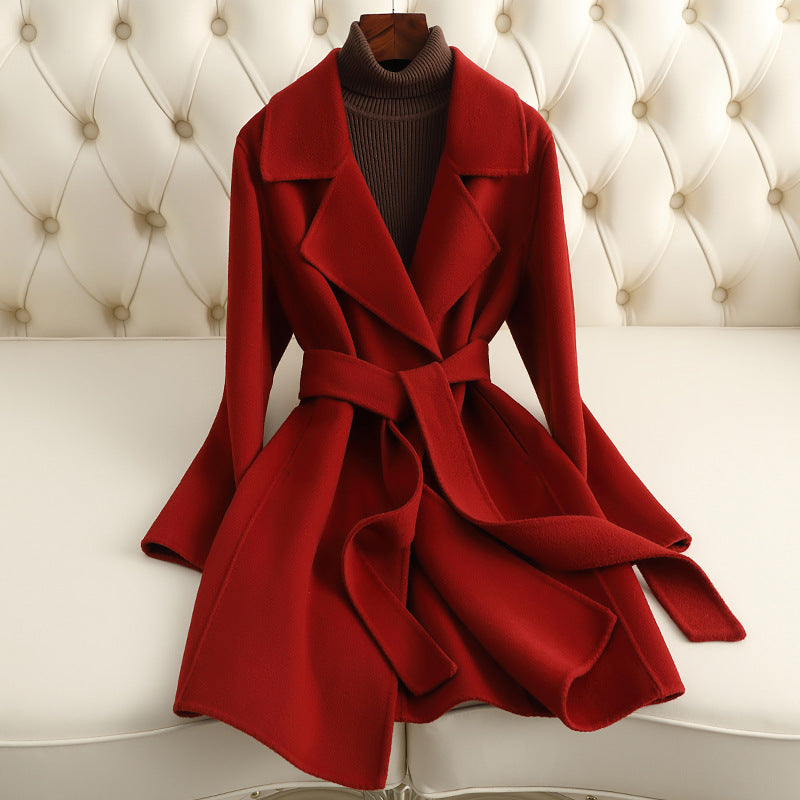 Sofia Amoretti camel luxe wool coat with deep V-neck lapel collar, tailored silhouette for professional women