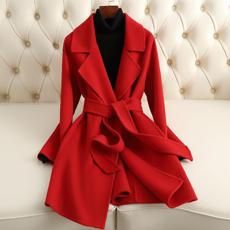 Sofia Amoretti camel luxe wool coat with chic lapel collar and deep V-neck for professional women