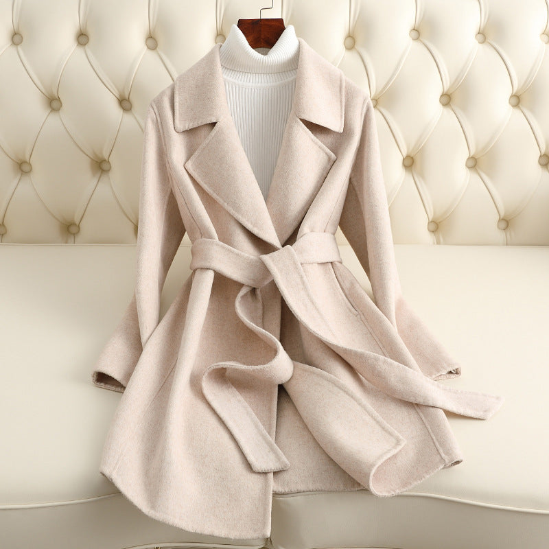 Sofia Amoretti camel luxe wool coat with chic lapel collar and deep V-neck for professional women