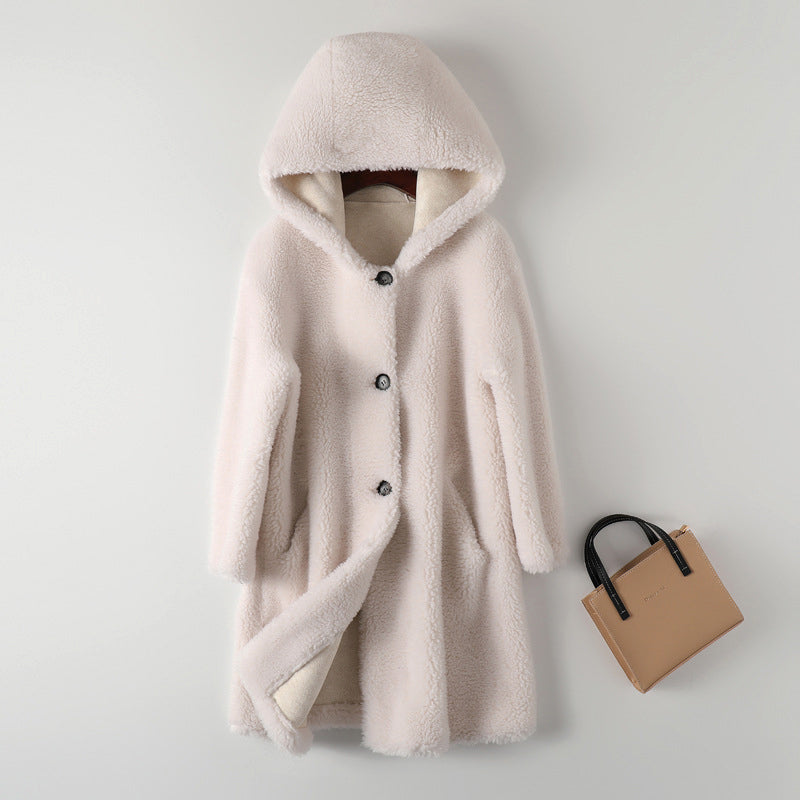 Cream-white plush teddy oversized hooded coat with bold buttons for ultra-cozy winter warmth