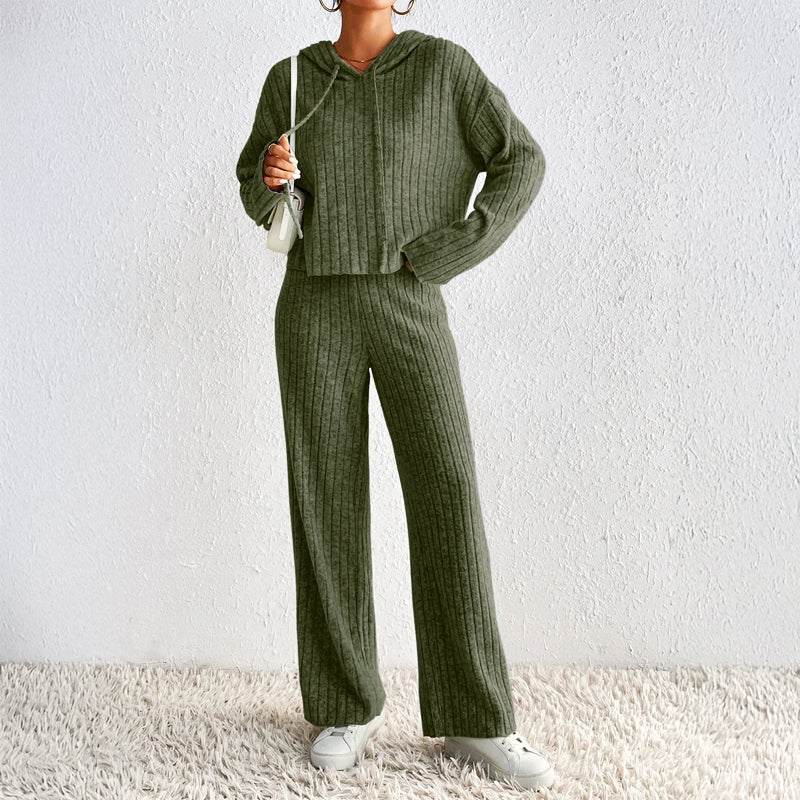 Sofia Amoretti Madison ribbed knit 2-piece set cropped hoodie high-waisted wide-leg pants loungewear