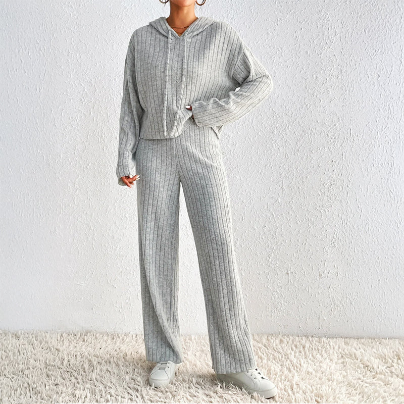 Women's ribbed knit 2-piece lounge set with cropped hoodie and high-waisted wide-leg pants
