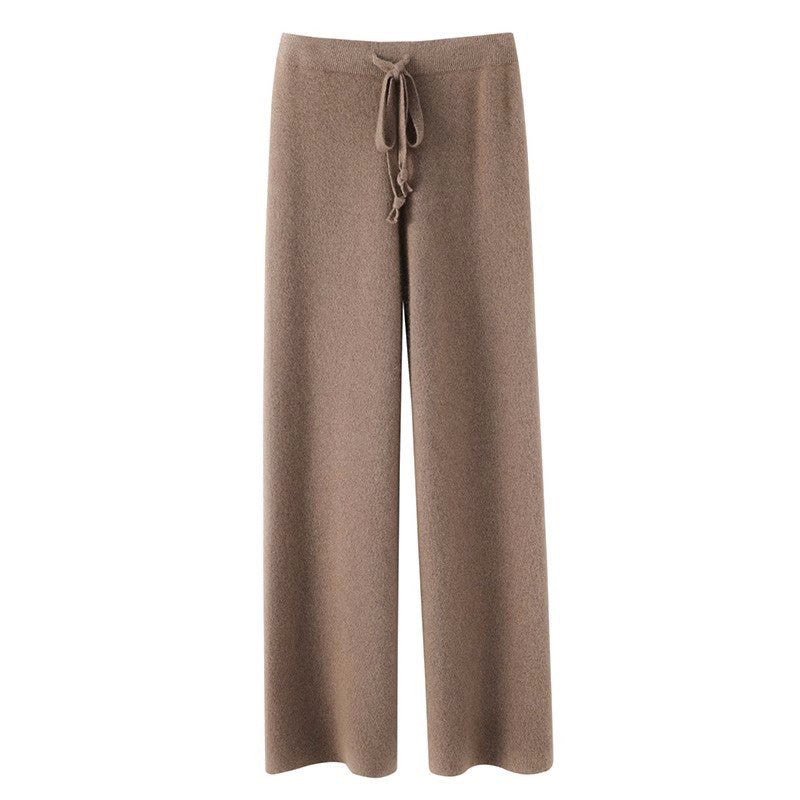 Women's beige knitted wide-leg pants flowing silhouette cozy relaxed fit autumn winter essential