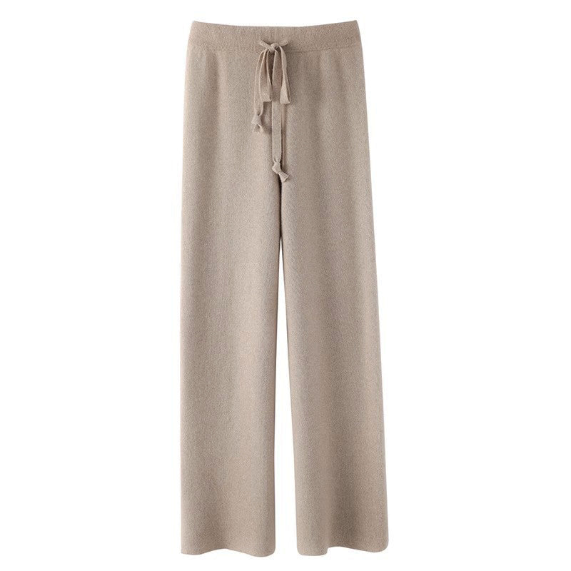 Women's knitted wide-leg pants neutral tones flowing silhouette cozy relaxed fit autumn winter essential