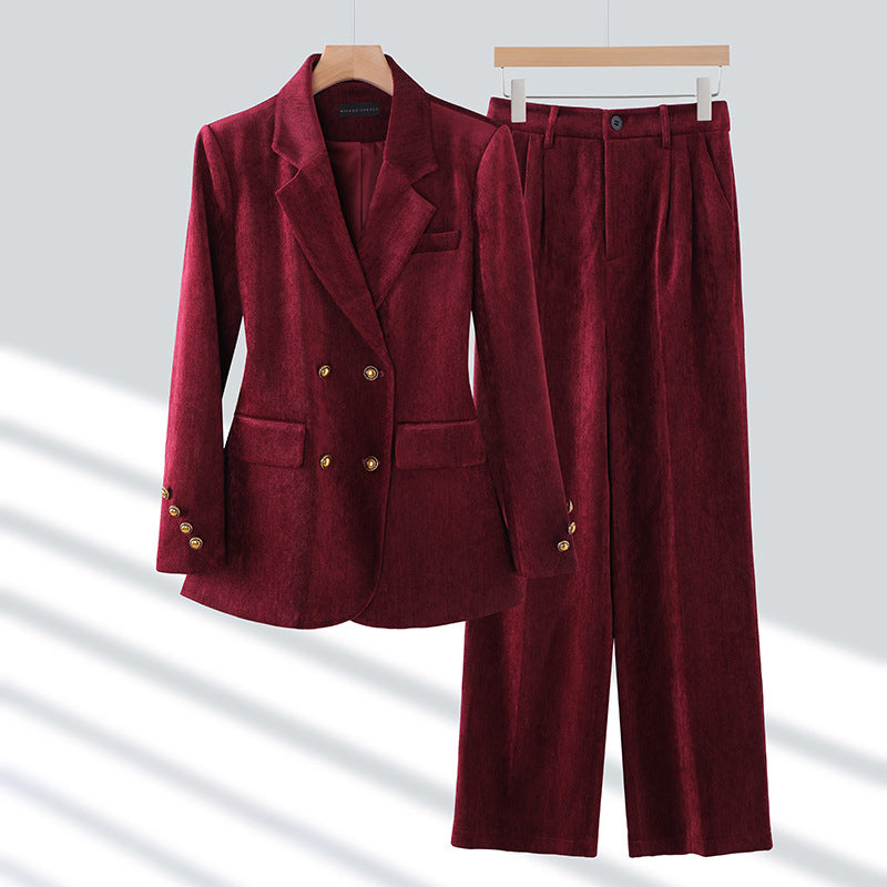 Black double-breasted blazer and wide-leg trousers two-piece set tailored for professional women
