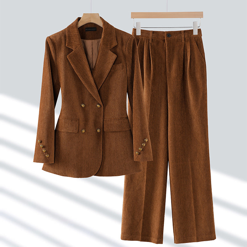 Black double-breasted blazer and wide-leg trousers two-piece set for professional women