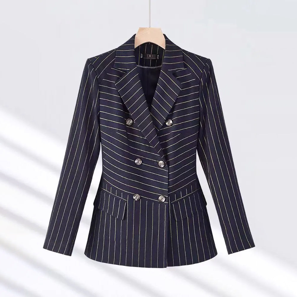 Women's pinstripe blazer suit set double-breasted flare trousers professional power dressing versatile outfit