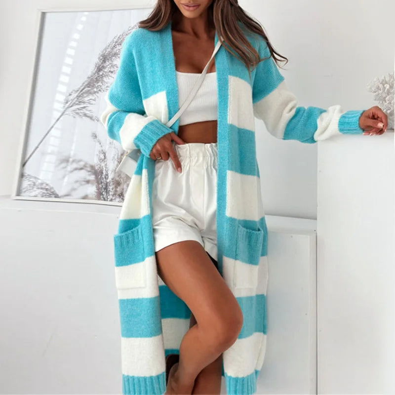 Women's plush striped open-front cardigan extra-long relaxed cozy layering piece in soft polyester