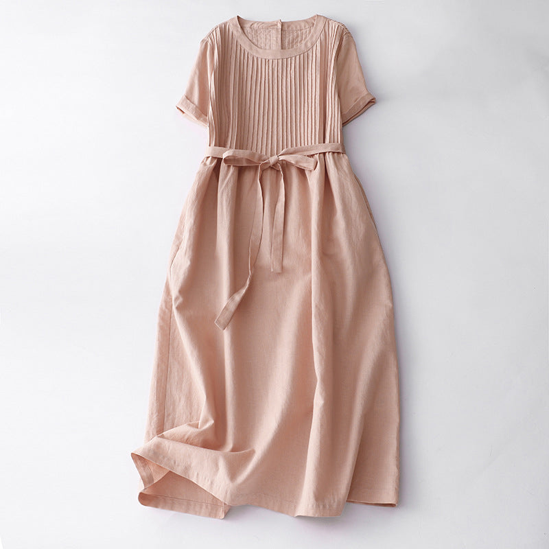 Sofia Amoretti retro pleated midi dress breathable cotton-linen high-waisted vintage-inspired silhouette