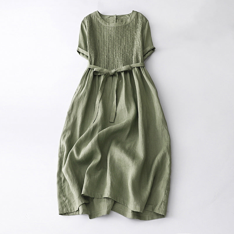 Sofia Amoretti retro pleated midi dress breathable cotton-linen high-waisted vintage-inspired silhouette