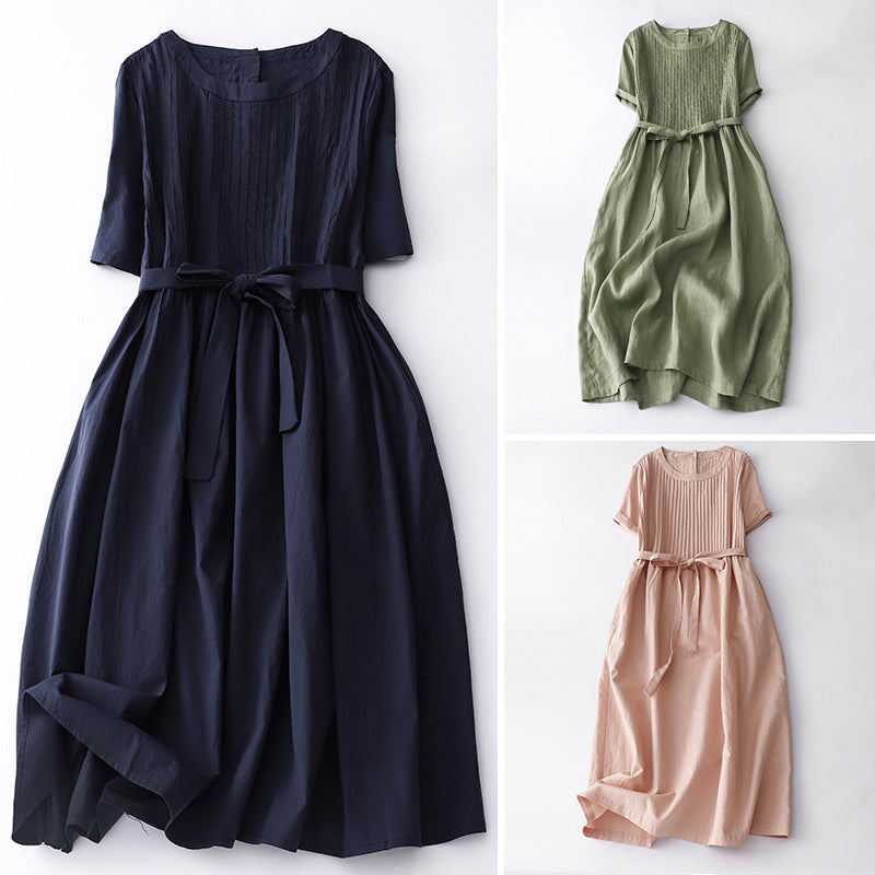 Sofia Amoretti retro pleated midi dress breathable cotton-linen blend high-waisted vintage silhouette