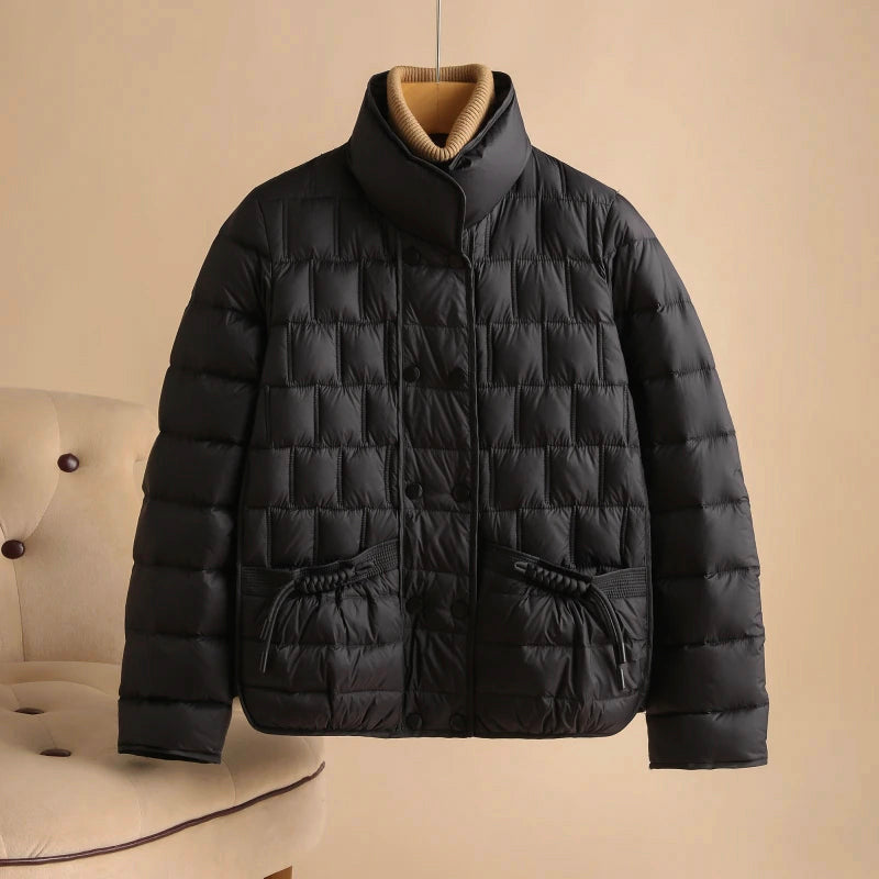 White duck down puffer jacket sleek broadcloth shell après-ski chic insulated winter coat