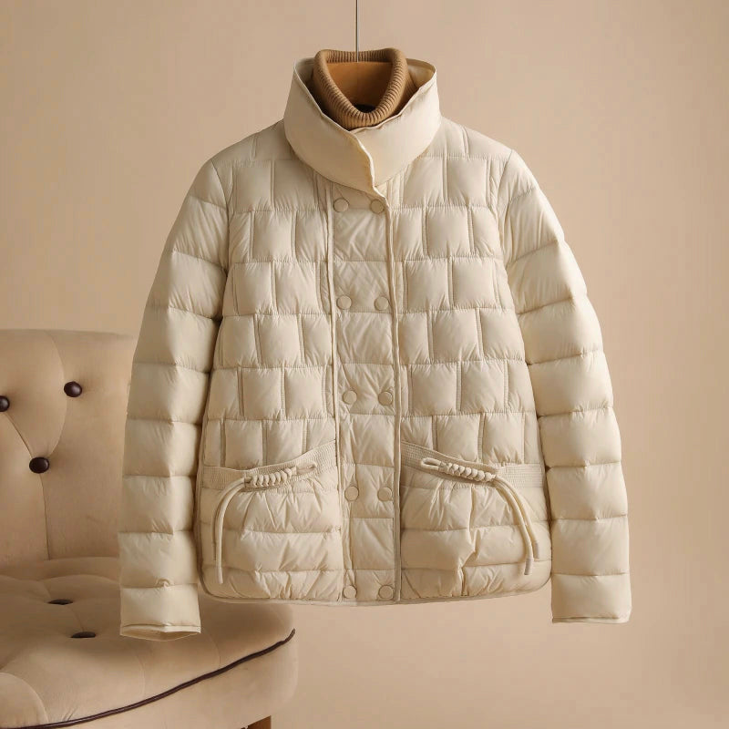 Sofia Amoretti Serene white duck down jacket sleek broadcloth shell après-ski chic winter style