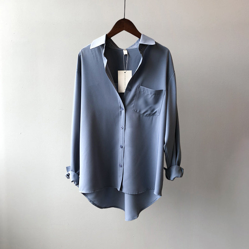 Women's soft chiffon polo shirt long-sleeve top in versatile day-to-night elegant silhouette