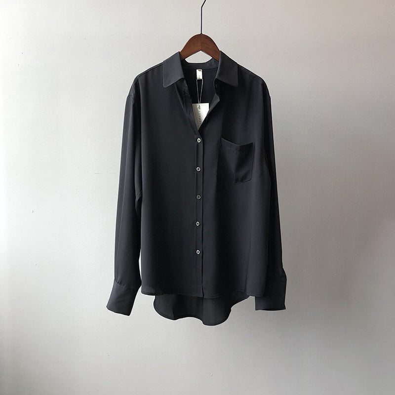 Women's soft chiffon polo shirt long sleeve lightweight drape versatile day-to-night blouse
