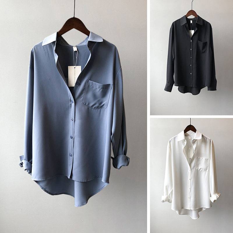 Women's soft chiffon polo shirt long sleeve lightweight drape versatile day-to-night elegant top