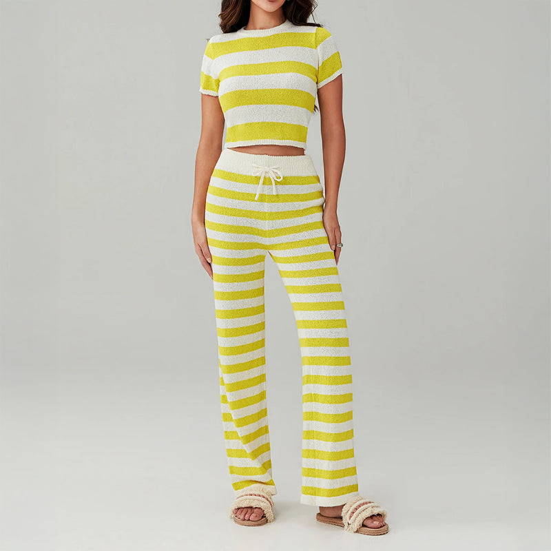 Women's striped two-piece set fitted short-sleeve top relaxed bottoms breathable everyday comfort