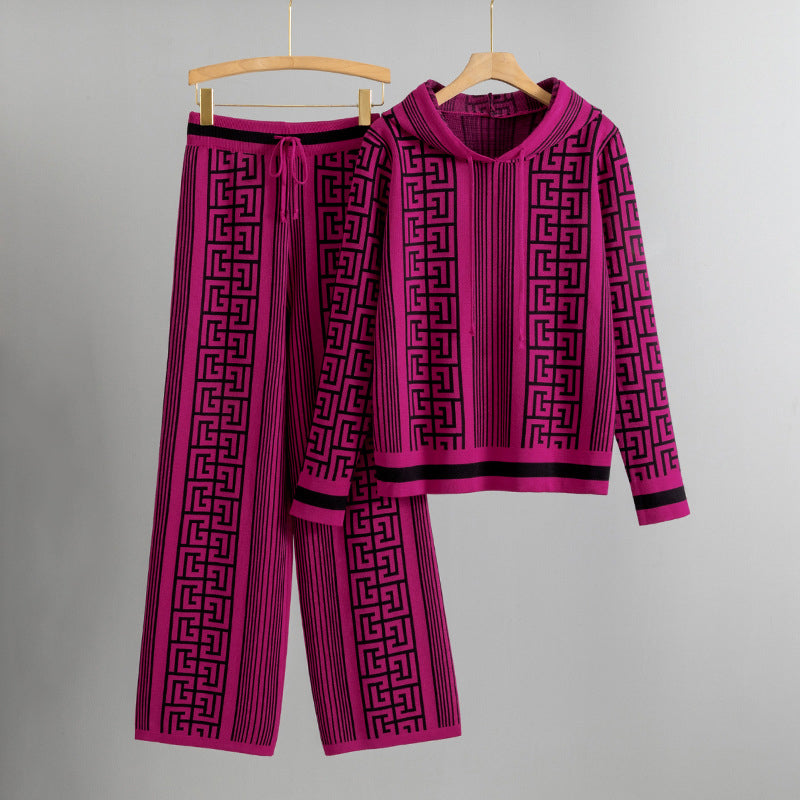 Women's knit hoodie set wide-leg pants Meander pattern cozy everyday style two-piece