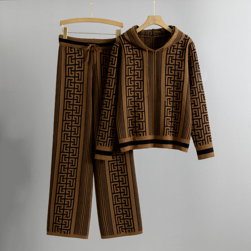 Women's knit hooded sweater and wide-leg pants set with Meander pattern, cozy everyday style