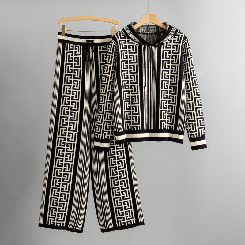 Women's knit set hooded sweater wide-leg pants Meander pattern cozy everyday style