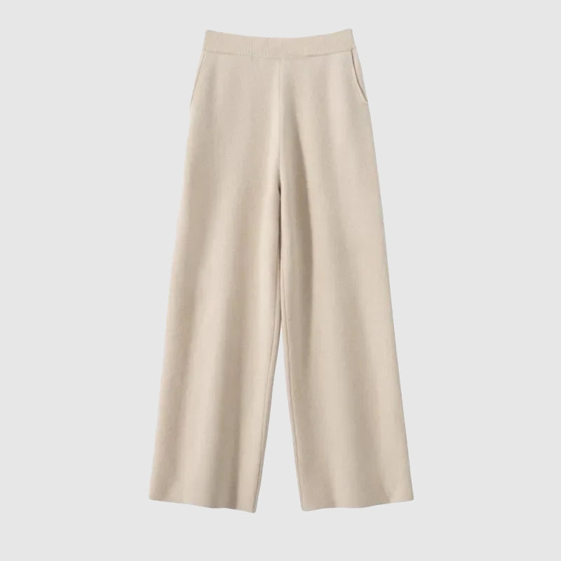 Women's high waist floor-length casual pants cotton blend stretch relaxed drape neutral elegant