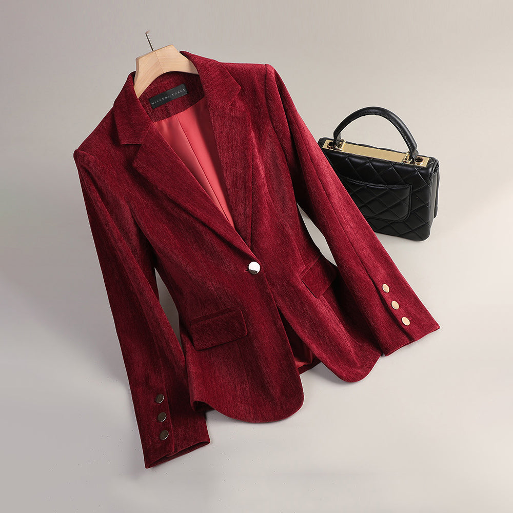 Sofia Amoretti slim-cut velvet blazer in radiant autumn tones with plush tailored silhouette