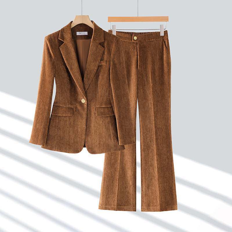 Women's velvet blazer and pants set in rich plush fabric with stretch comfort for fall fashion