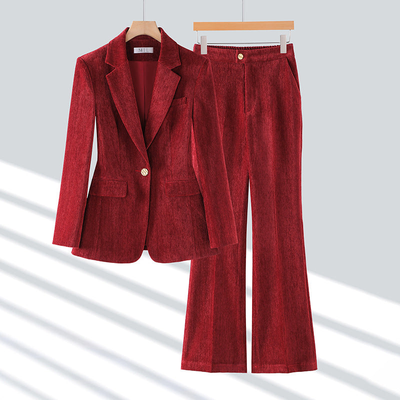 Women's velvet blazer and pants set in rich plush finish with stretch comfort for fall fashion