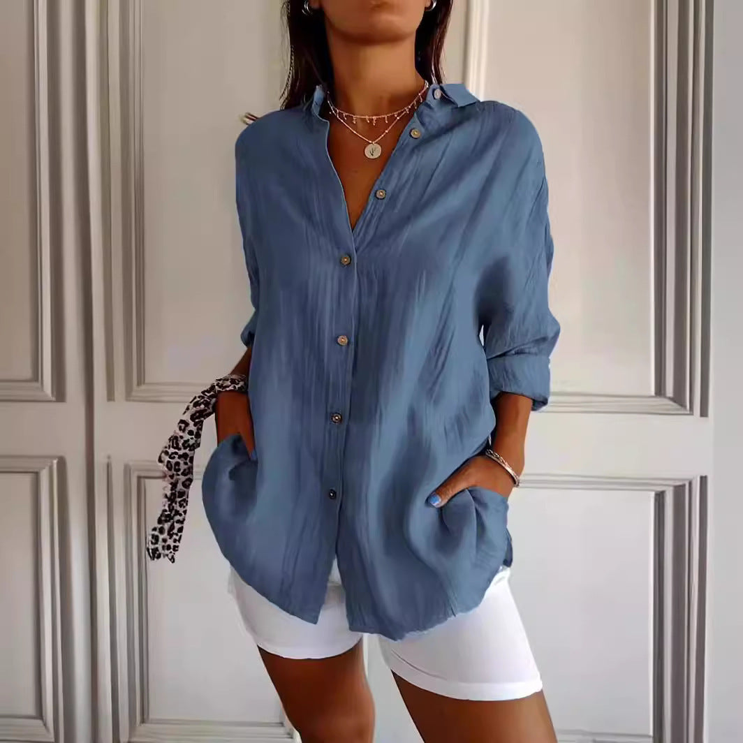 Peach blossom pleated shirt breathable cotton-spandex blend wrinkle fabric commuter-ready stretch top