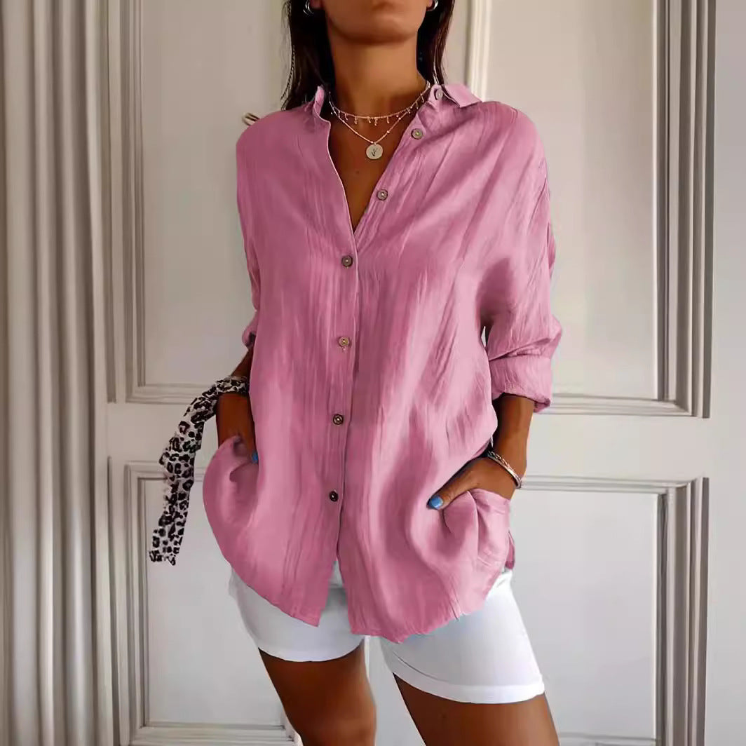 Peach blossom pleated cotton-spandex shirt with wrinkle fabric, breathable commuter-ready style